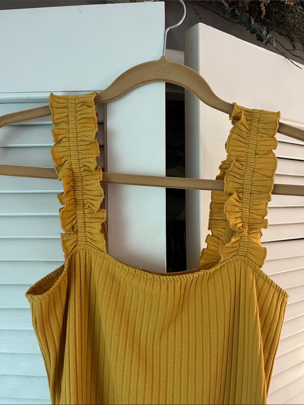 Harper Mustard Yellow Ribbed Ruffle-Shoulder Mini Dress - Picture 3 of 4